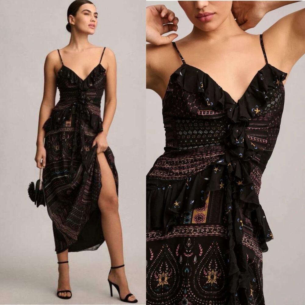Anthropologie Let Me Be Sheer Printed V-Neck Midi Dress Sz Medium Prairie chic